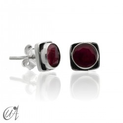 Square earrings in 925 silver and stones - Ruby