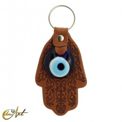 Turkish Evil Eye with Fatima Hand - Keychain - Brown leather
