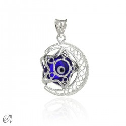 Moon and star with evil eye - Silver filigree - Dark blue