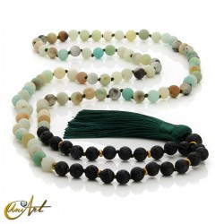 Japa mala made of tiger eye or amazonite with volcanic stone, knotted - Amazonite