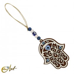 Wooden ornament to hang with Turkish eye - Hand of Fatima
