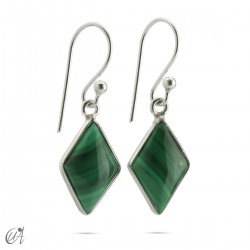 Basic lozenge-shaped earrings, silver with stones - Malachite