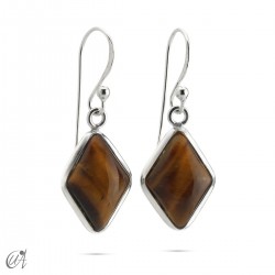 Basic lozenge-shaped earrings, silver with stones - Tiger Eye