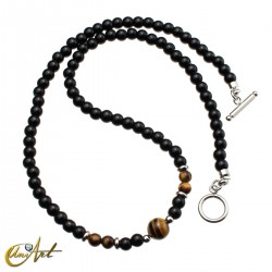 Obsidian, Steel and Natural Stone Necklace - Tiger Eye