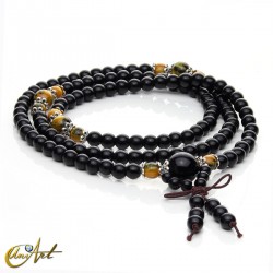 Mala tibetano de obsidiana negra y ojo de tigre (sintéticos)