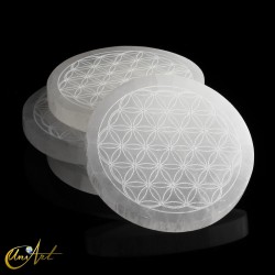 Disco de selenita grabado, 10 cm - Flor de la vida