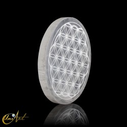 Disco de selenita grabado, 14 cm - Flor de la vida