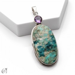 Silver pendant with rough chrysocolla and faceted gemstone - Amethyst, Model 1