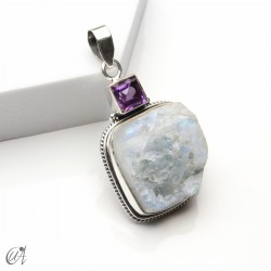Rough moonstone with faceted gemstone, silver pendent - Amethyst, Model 1