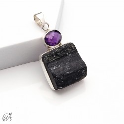 Rough tourmaline pendant with faceted gemstone, sterling silver - Amethyst, Model 1
