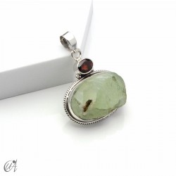 Rough prehnite pendant with gemstone in sterling silver - Model 1, Garnet