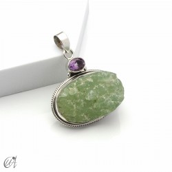 Rough prehnite pendant with gemstone in sterling silver - Amethyst, Model 1