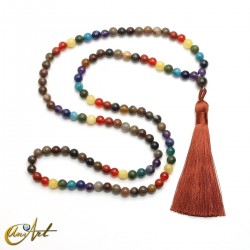 Petrified wood mala beads with chakra stones - 6 mm