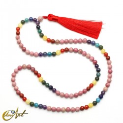 Seven chakras mala beads with rhodonite - 6 mm
