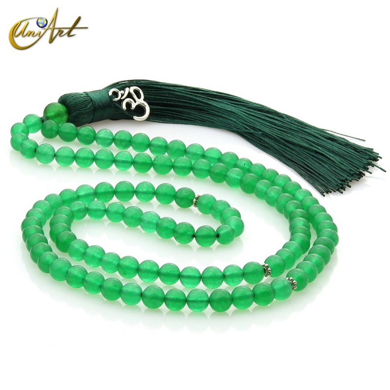 Tibetan Buddhist Mala Beads of Jade with OM in ball 6 mm - green