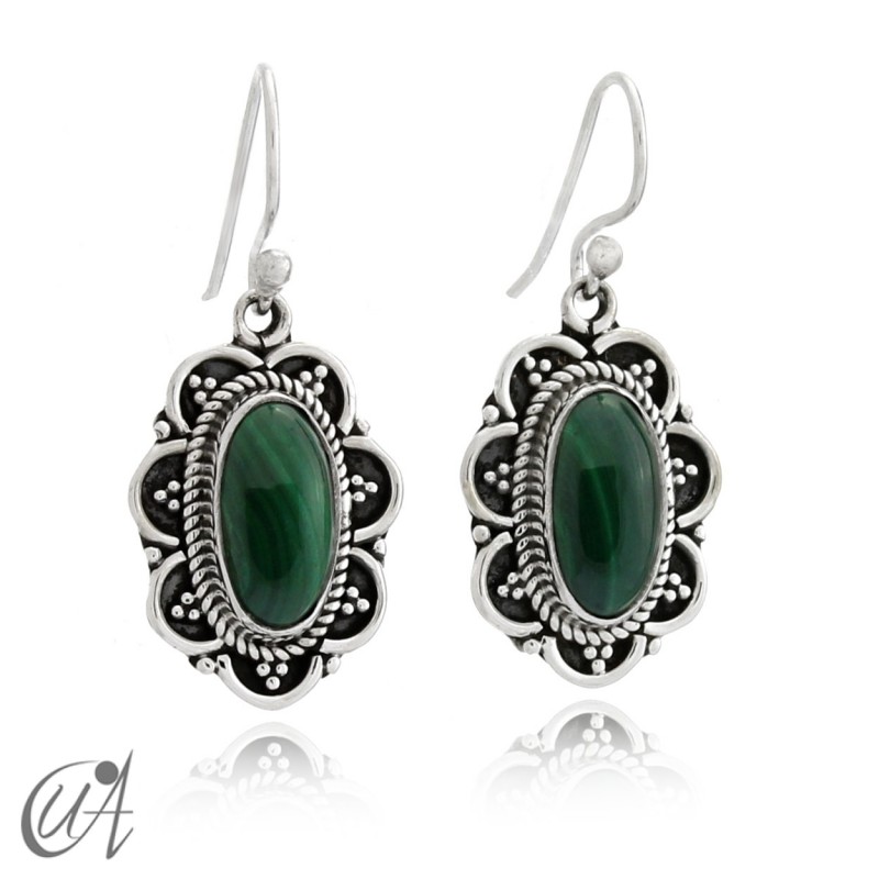925 Silver with malachite - vintage oval earrings