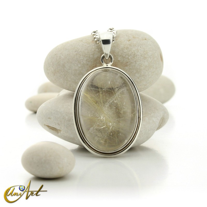 Pendant of quartz with rutile and sterling silver - oval , model 4