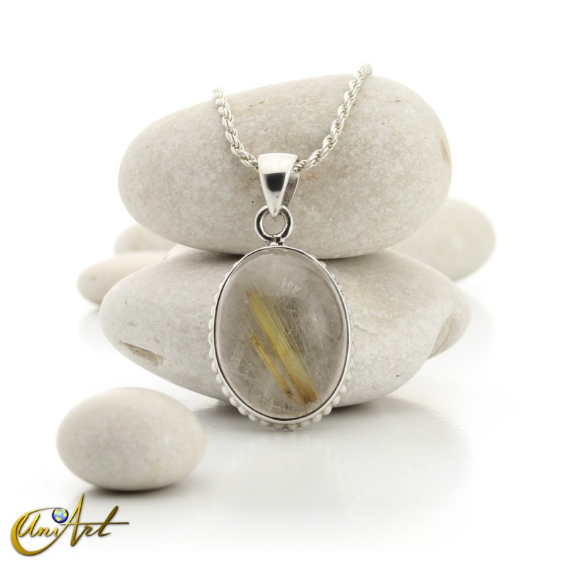 Gothic Oval Rutilated Quartz Pendant in Sterling Silver - model 1