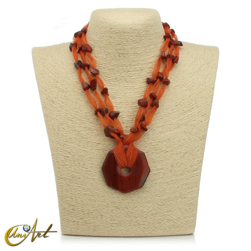 Organza and red jasper necklace with donut pendant