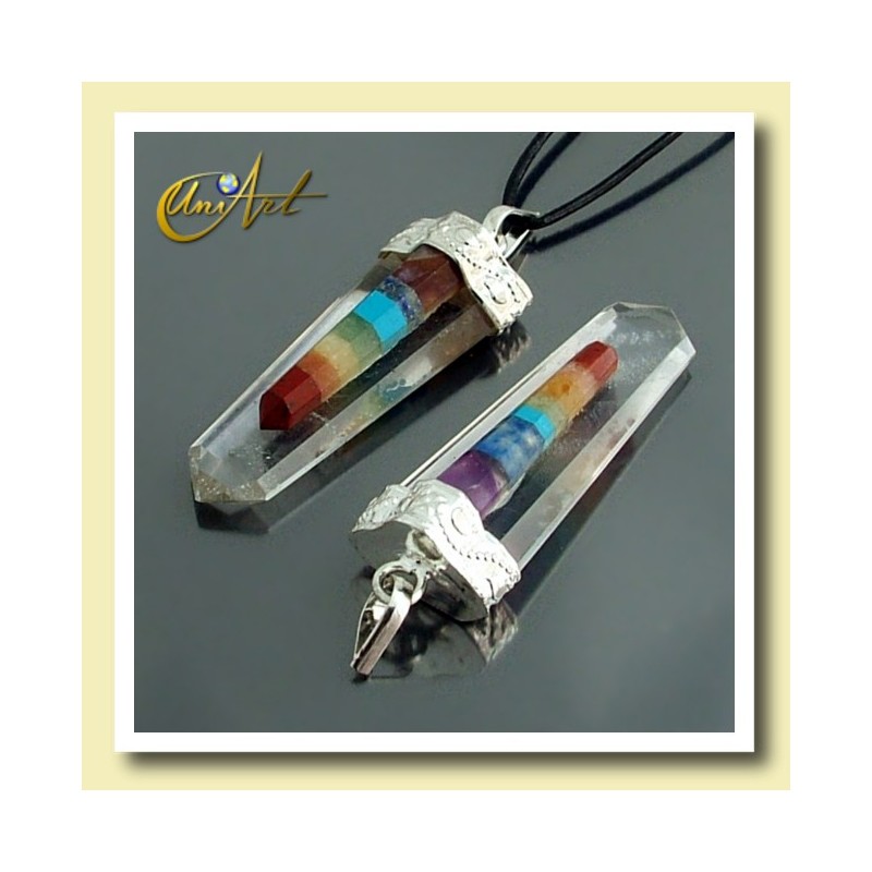 Colgante Doble Punta de Cristal de Roca y las Piedras de los Chakras