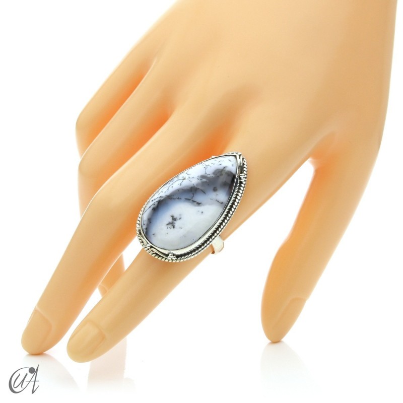 Dendritic opal in sterling silver, drop ring, size 15