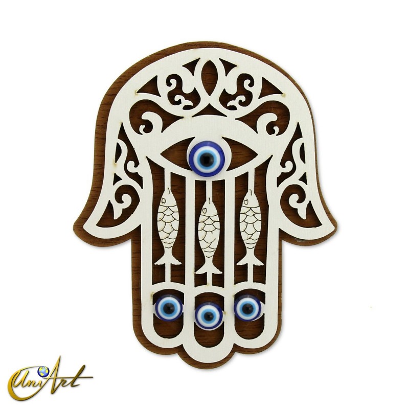Wooden ornament with Turkish evil eye and magnet, hand of Fatima