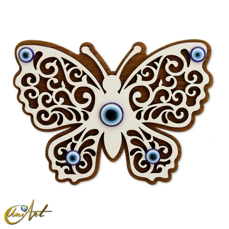 Wooden ornament with Turkish evil eye and magnet, butterfly.
