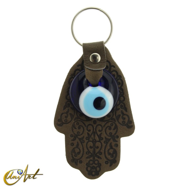 Turkish Evil Eye with Fatima Hand - Keychain grayish olive color