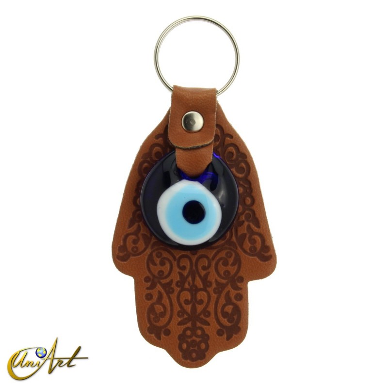 Turkish Evil Eye with Fatima Hand - Keychain leather brown color
