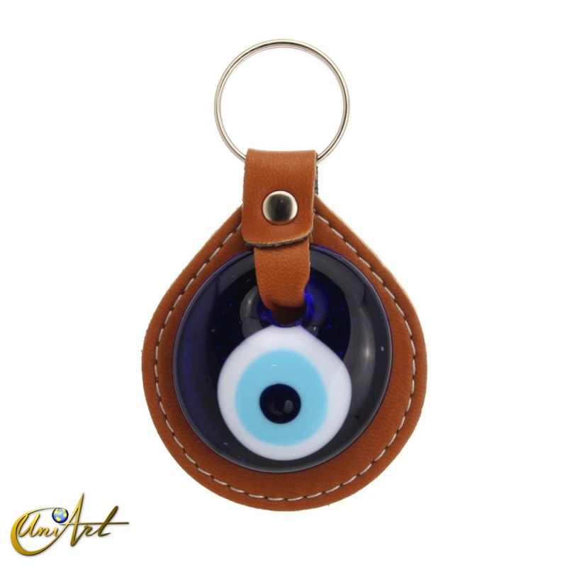Turkish evil eye keychain against to the evil eye, leather brown color