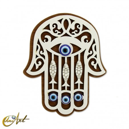 Mano de Fátima de madera con ojo turco y imán