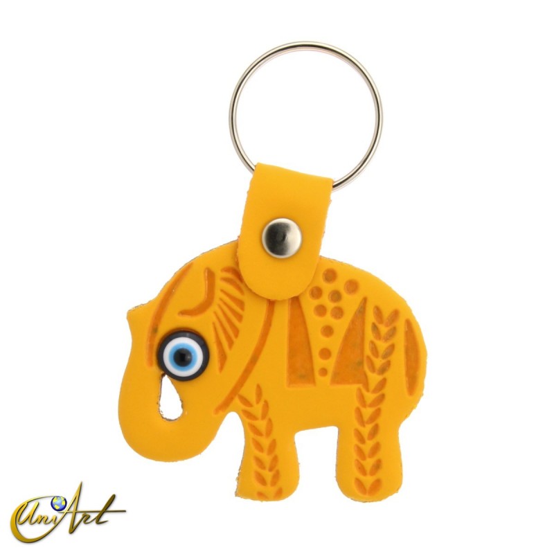 Elephant with the turkish evil eye, leatherette keychain  yellow color