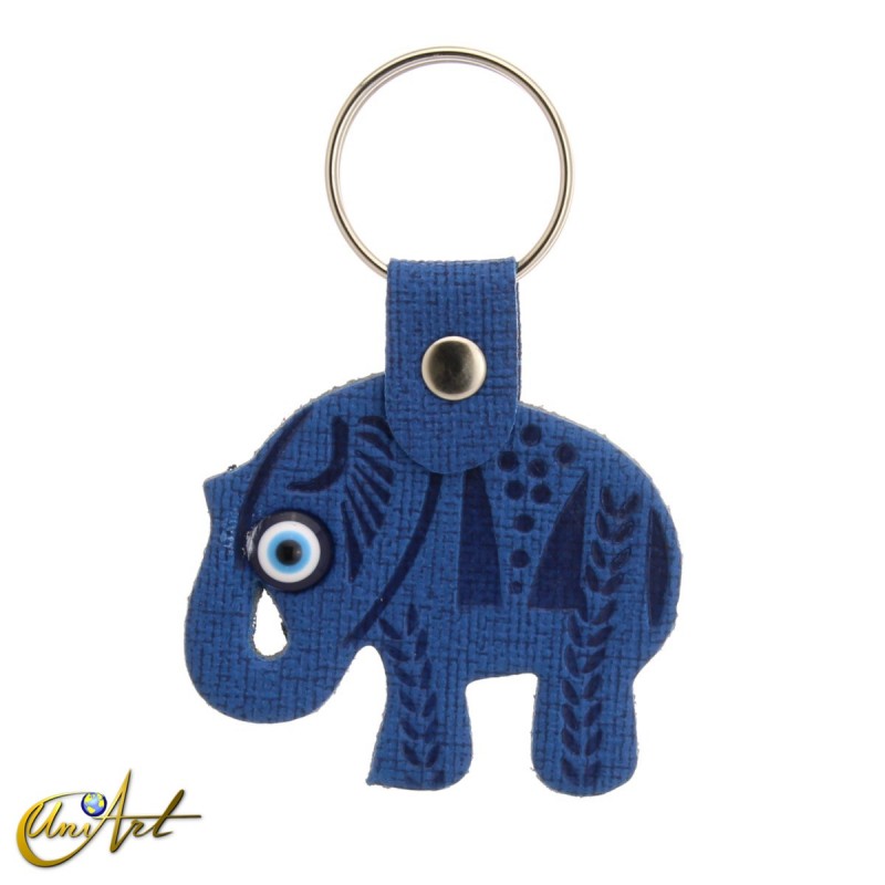 Elephant with the turkish evil eye, leatherette keychain blue color