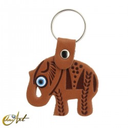 Elephant with the turkish evil eye, leatherette keychain  leather brown color