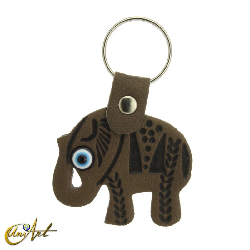 Elephant with the turkish evil eye, leatherette keychain olive color