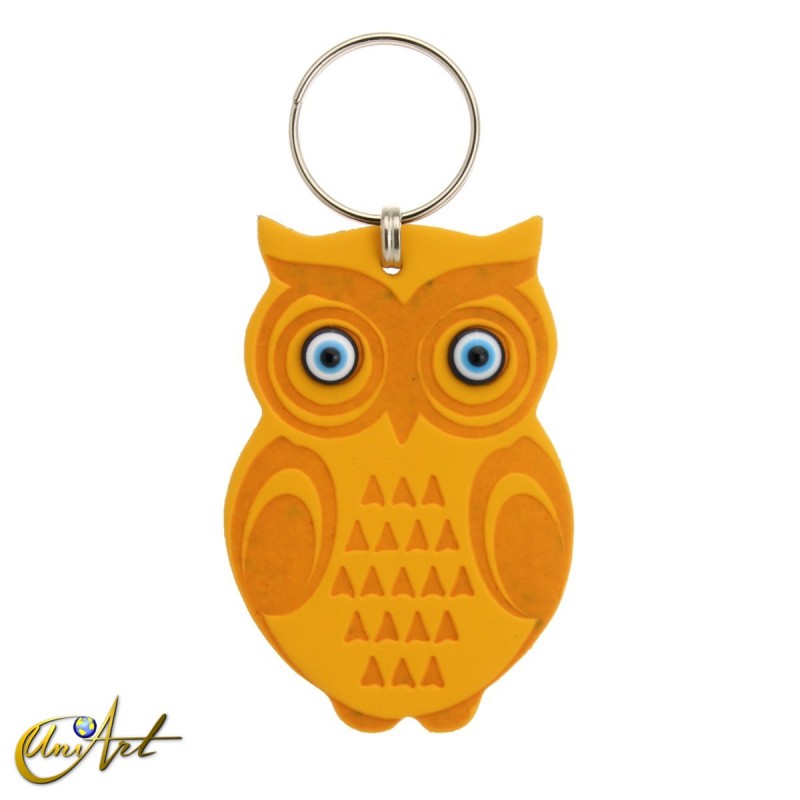 Leatherette owl keychain with turkish evil eyes, yellow