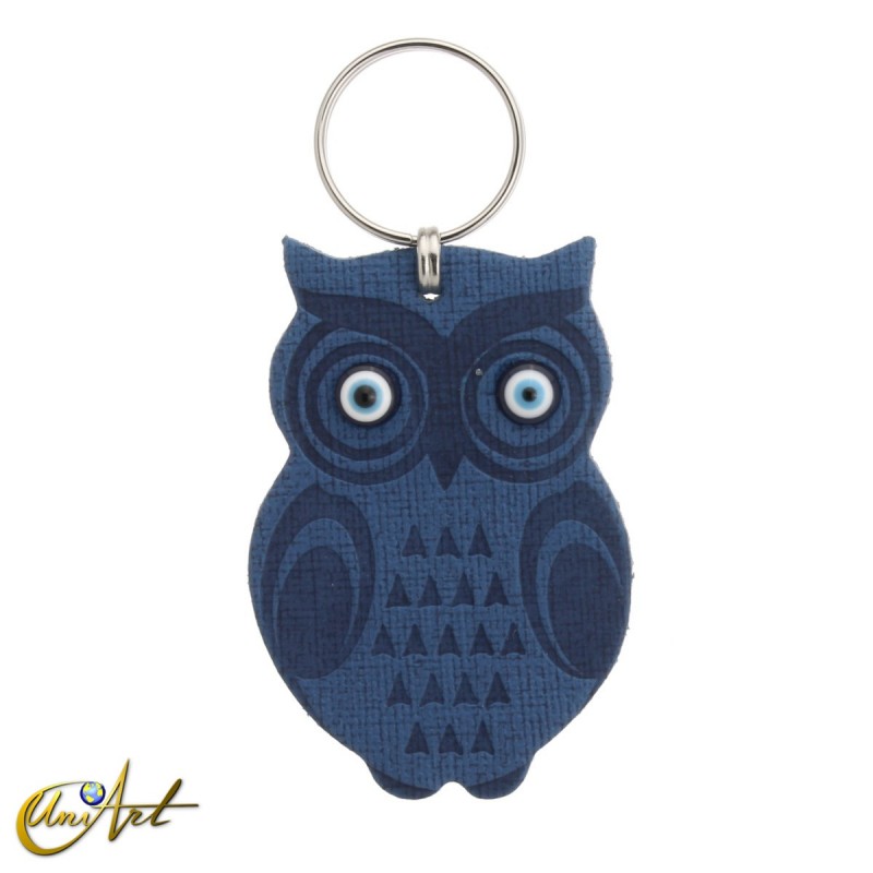 Leatherette owl keychain with turkish evil eyes, blue