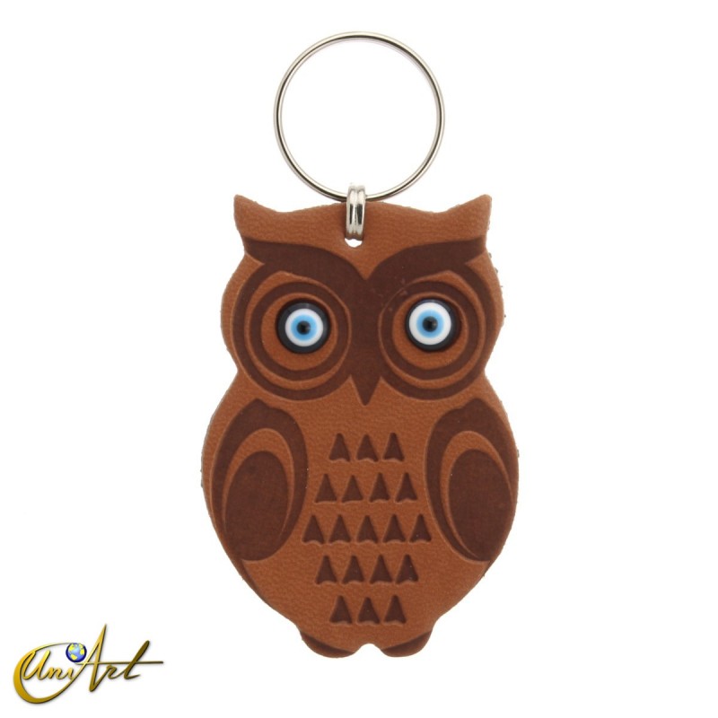Leatherette owl keychain with turkish evil eyes, leather brown color