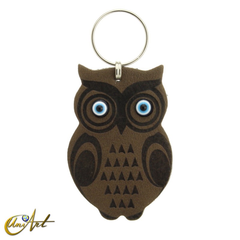 Leatherette owl keychain with turkish evil eyes, olive color.
