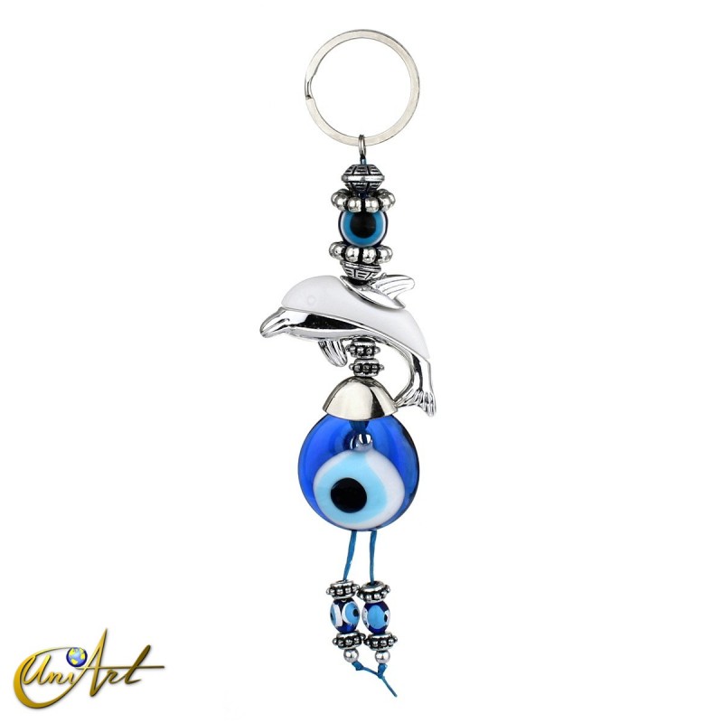 Turkish evil eye amulet keychain with Dolphin, white