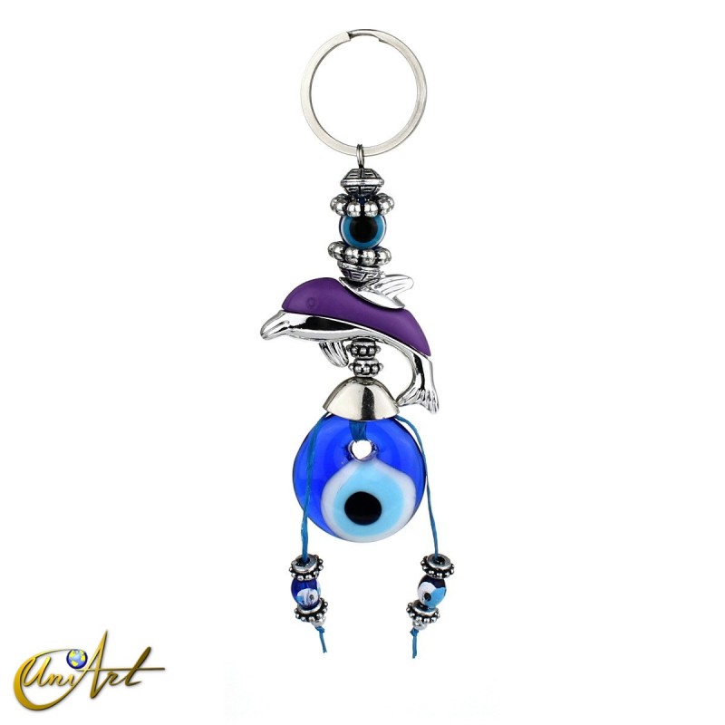 Turkish evil eye amulet keychain with Dolphin, purple