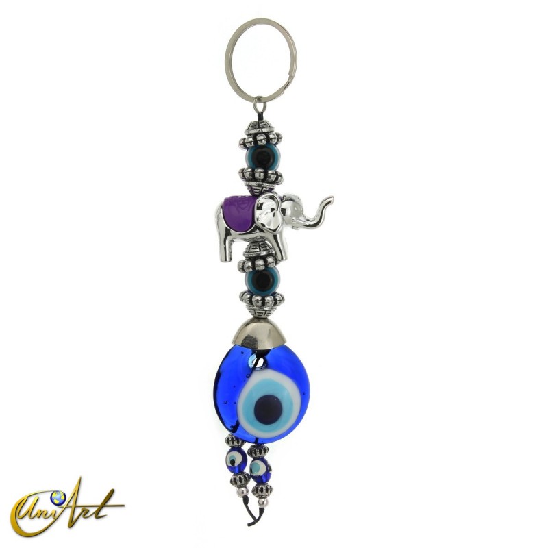 Elephant keychain with turkish evil eye, purple