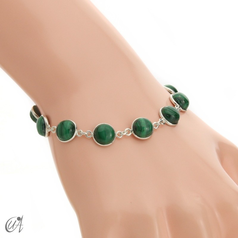 Silver bracelet with round gemstones, Esenca - malachite