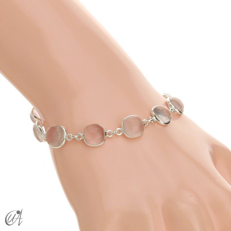 Silver bracelet with cushion cut stones - rose quartz