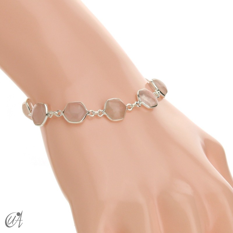 Hexagonal gemstone bracelet in sterling silver - rose quartz