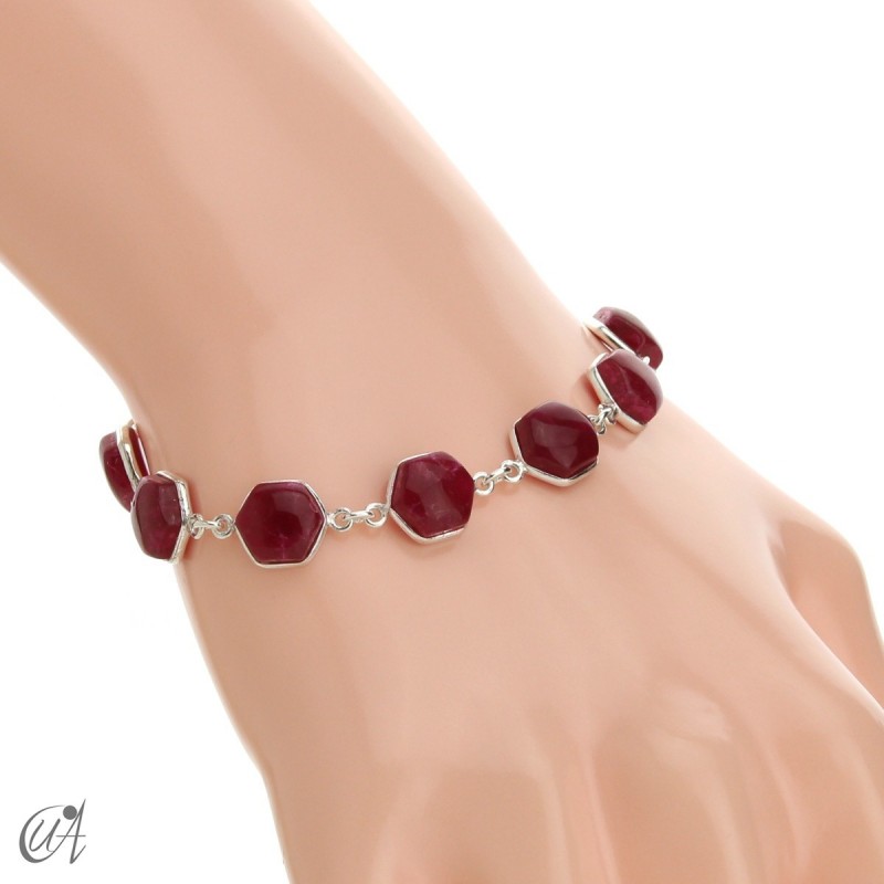 Hexagonal gemstone bracelet in sterling silver - ruby
