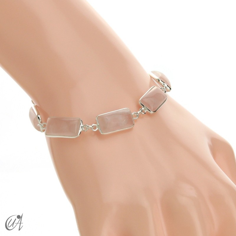 Silver bracelet with rectangular gems - rose quartz