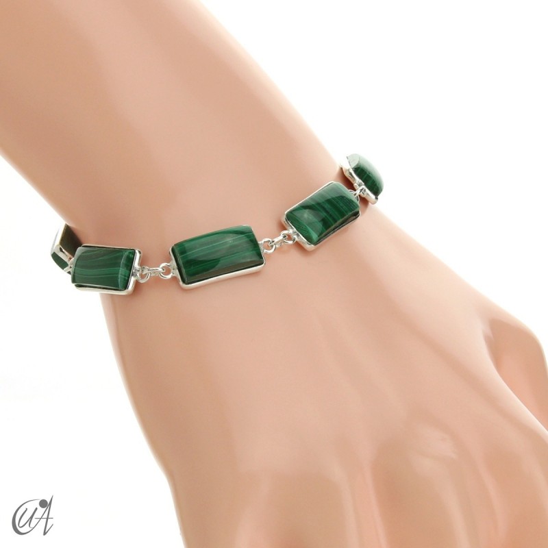 Silver bracelet with rectangular gems - malachite