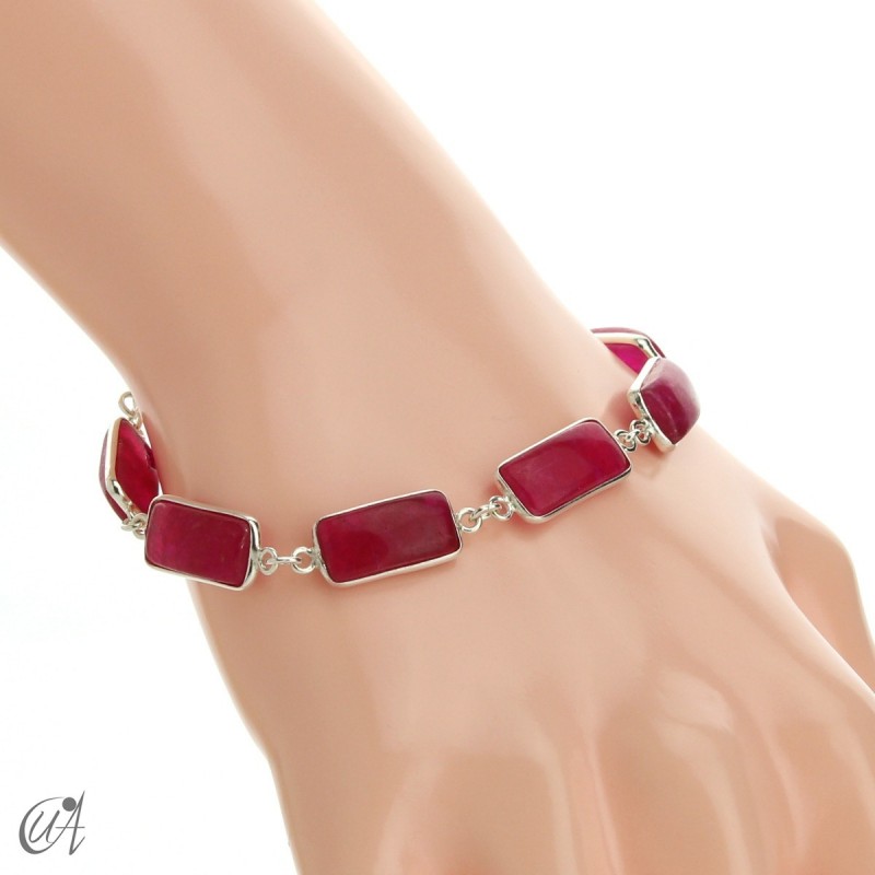 Silver bracelet with rectangular gems - ruby