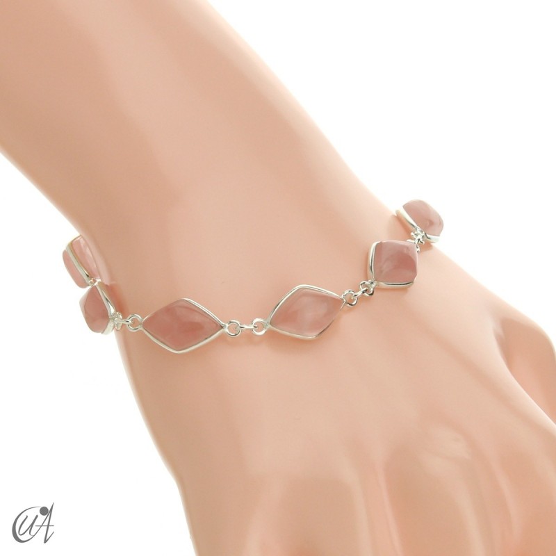 Rhombus, silver and stones bracelet - rose quartz